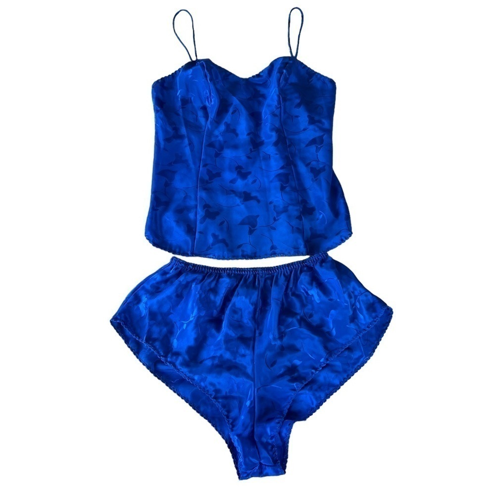 VTG Deena Satin Jacquard Camisole and Shorts Lingerie Set XS/S Jeweled Blue USA